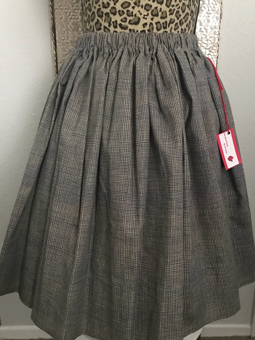 Women's navy blue/green/beige micro plaid full gathered skirt.